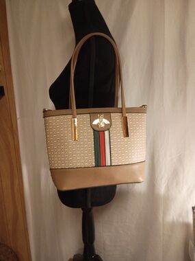 NWOT Othr Taupe Tote with Green-Red-White Stripe and Gold Bee Accent